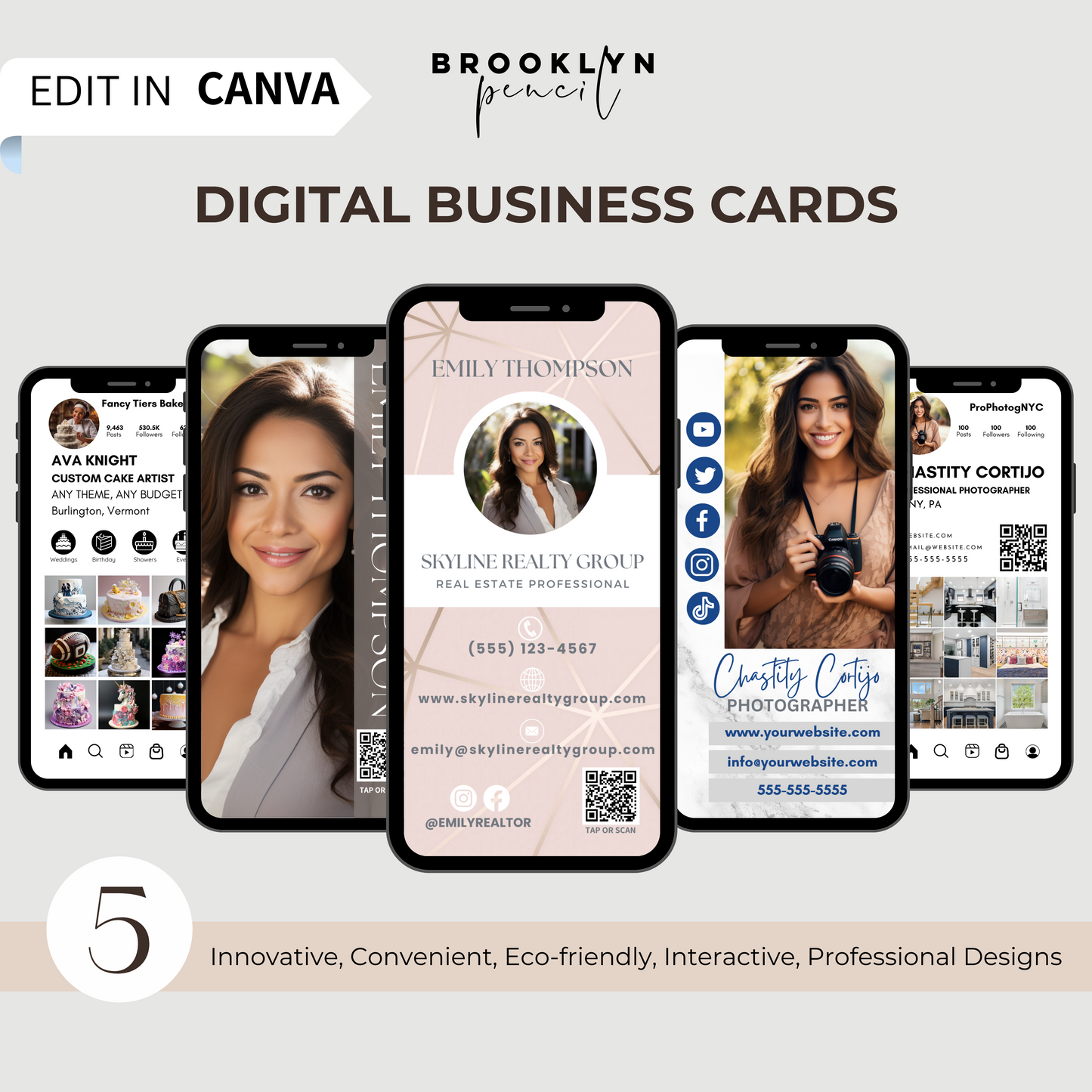 CLICKABLE Business Card, Edit easily in CANVA - 5 Designs